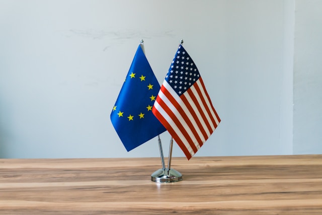 mini E.U. and U.S. flags side by side