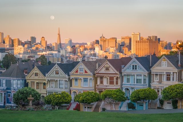 The Painted Ladies in San Francisco at sunset
