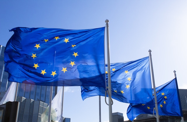 eu flags flying outside of office building