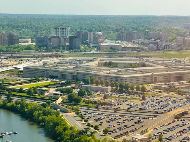 pentagon view from above with trees and cars