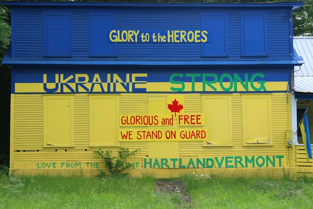 a building in Vermont painted in the colors of the Ukrainian flag