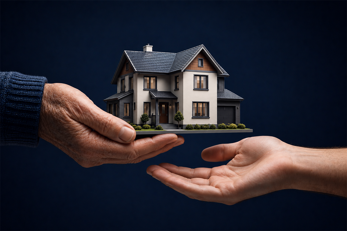 hands holding small model house