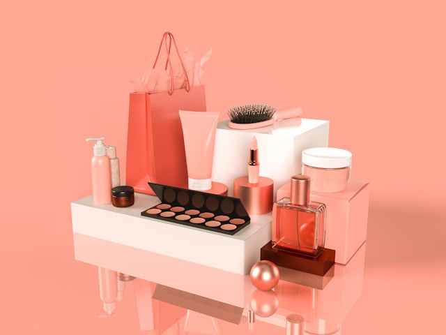 beauty products and shopping bag pink background