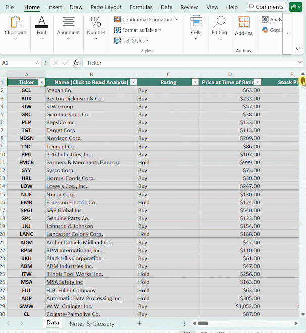 Sure Dividend Kings list spreadsheet screenshot