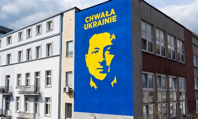 sign on building in support of Ukraine's war effort